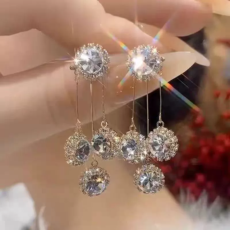 2-in-1 French Hepburn Crystal Tassel Earrings Convertible Sparkling Cubic Zirconia Studs with Detachable Long Drop Fringe Korean Style Statement Earrings for Women