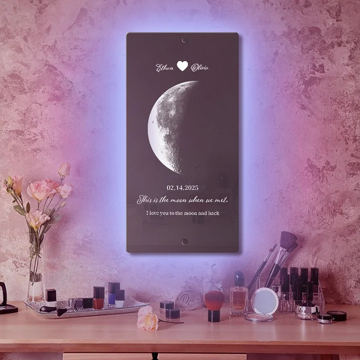 Custom Couple Anniversary Moon Phase Mirror Light - Romantic Valentine's Day Gift