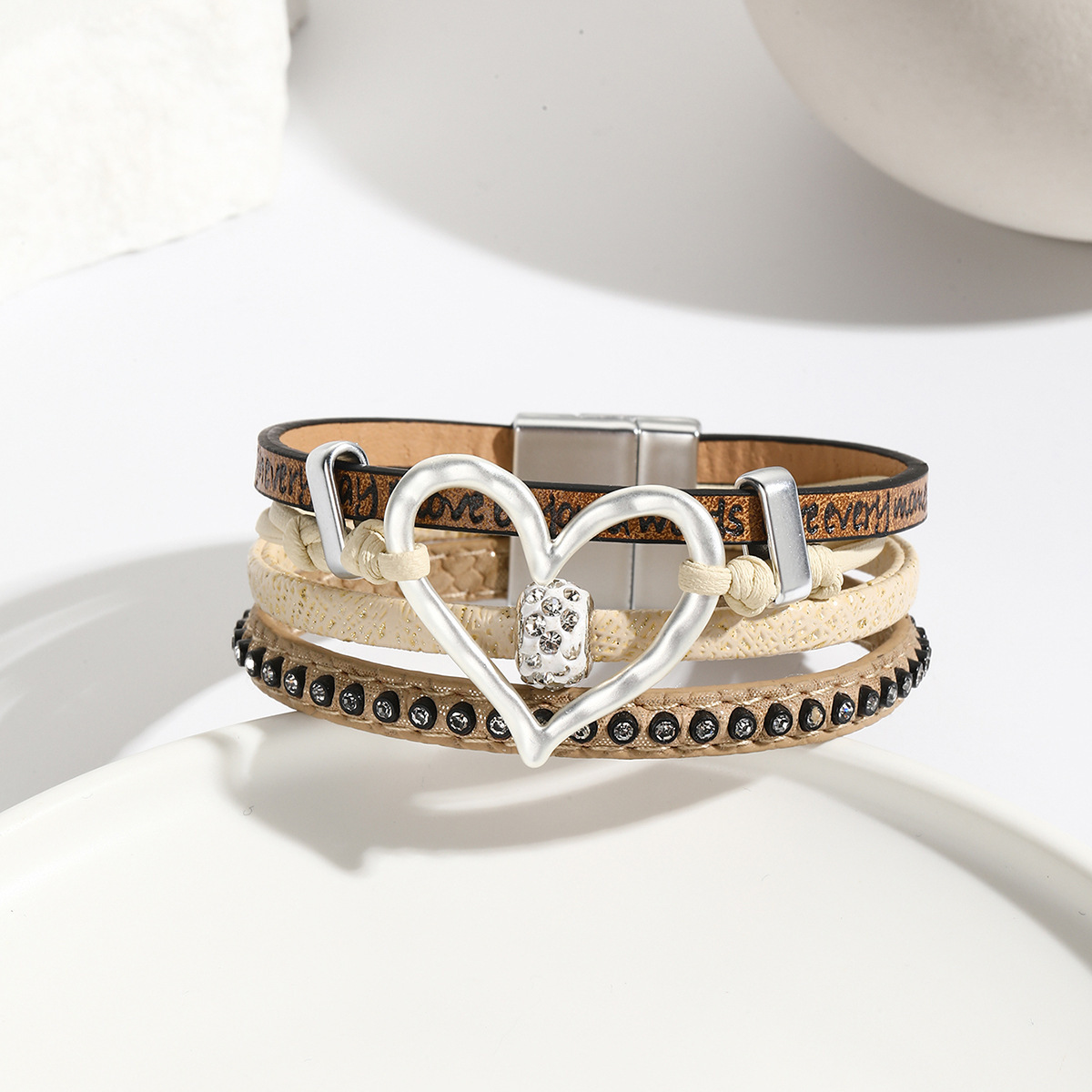 Personalized Engraving Vintage Heart Bracelet Leather Bohemian Bracelet Gift for Her