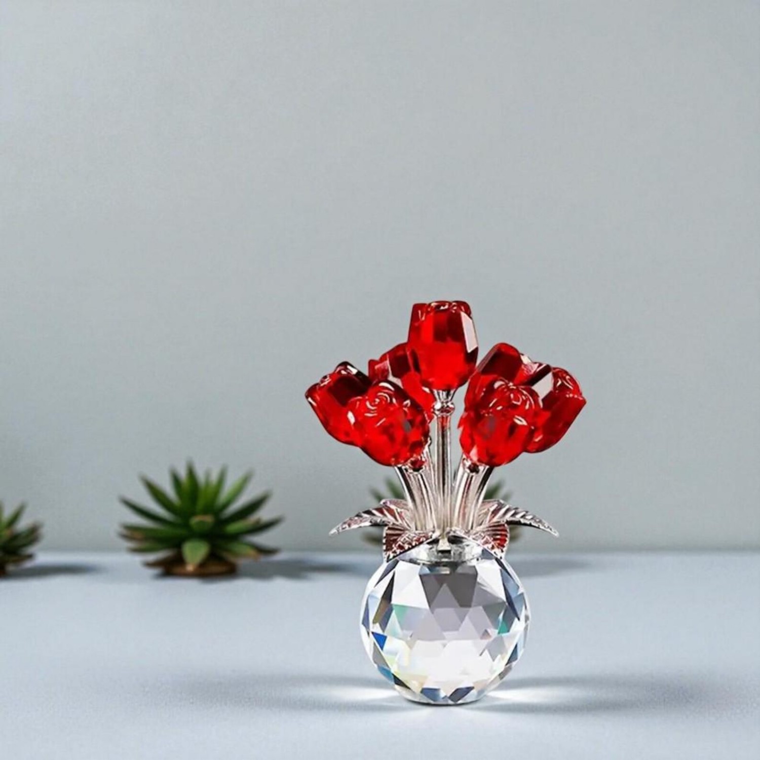 Crystal Glass Rose Bouquet Elegant Flower Ornament for Home Decor Gift for Mom and Girlfriend