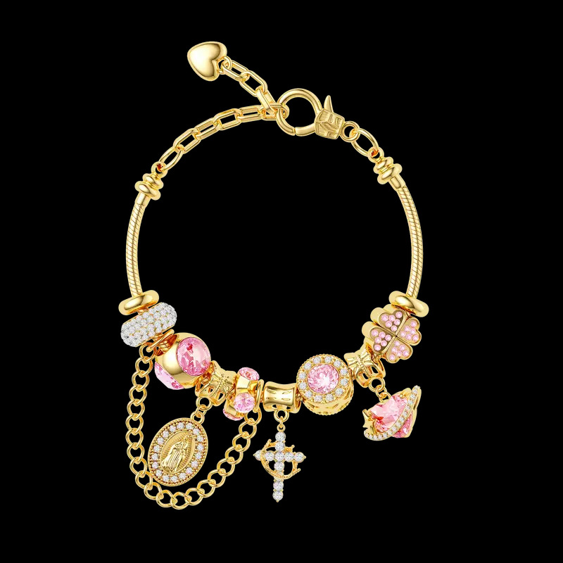 Vintage Virgin Mary & Cross Charm Bracelet Gold Plated Pink Crystal Beaded DIY European Charm Bracelet Religious Virgin Mary Medal Bracelet Gift for Women