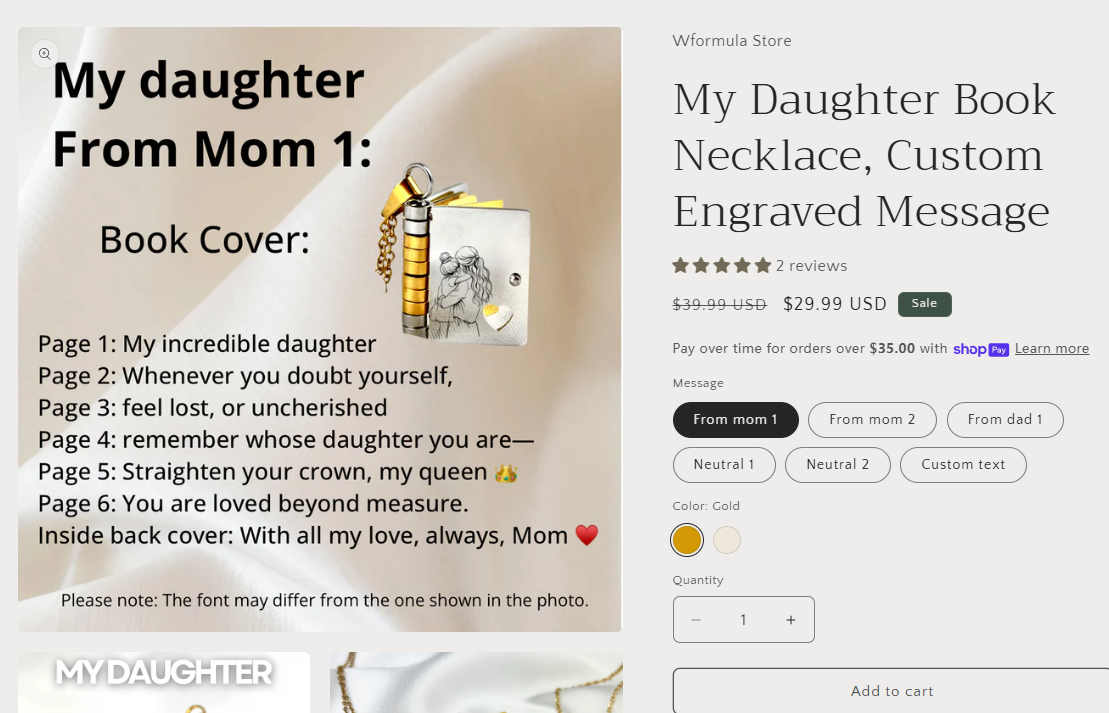 My Daughter Book Necklace, Custom Engraved Message