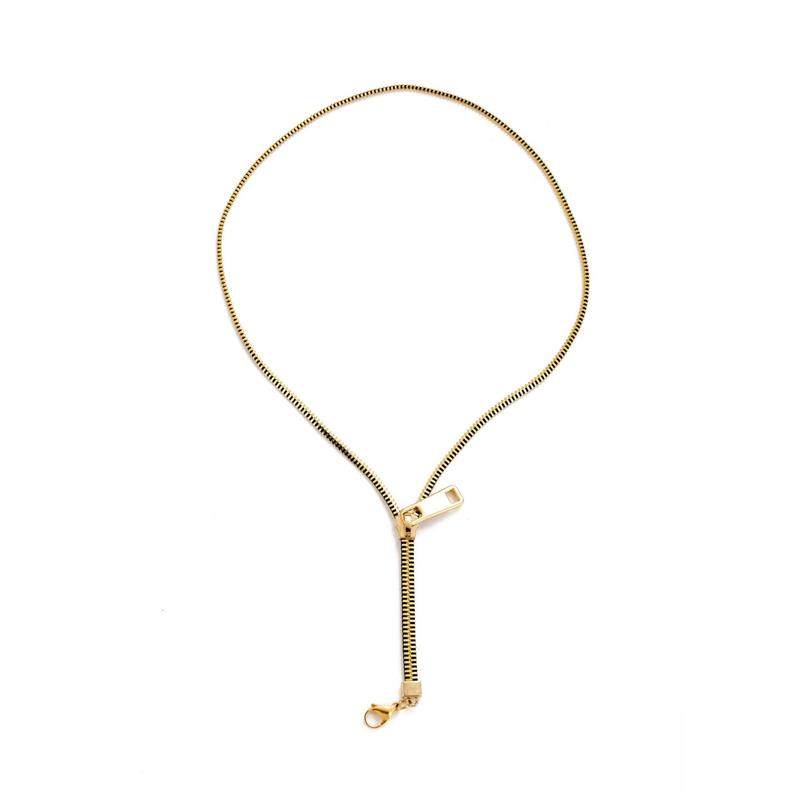 Zipper Choker Necklace Adjustable Y-Necklace Gold Plated Minimalist Industrial Clasp Long Sweater Chain Avant-Garde Couple Jewelry for Women Men