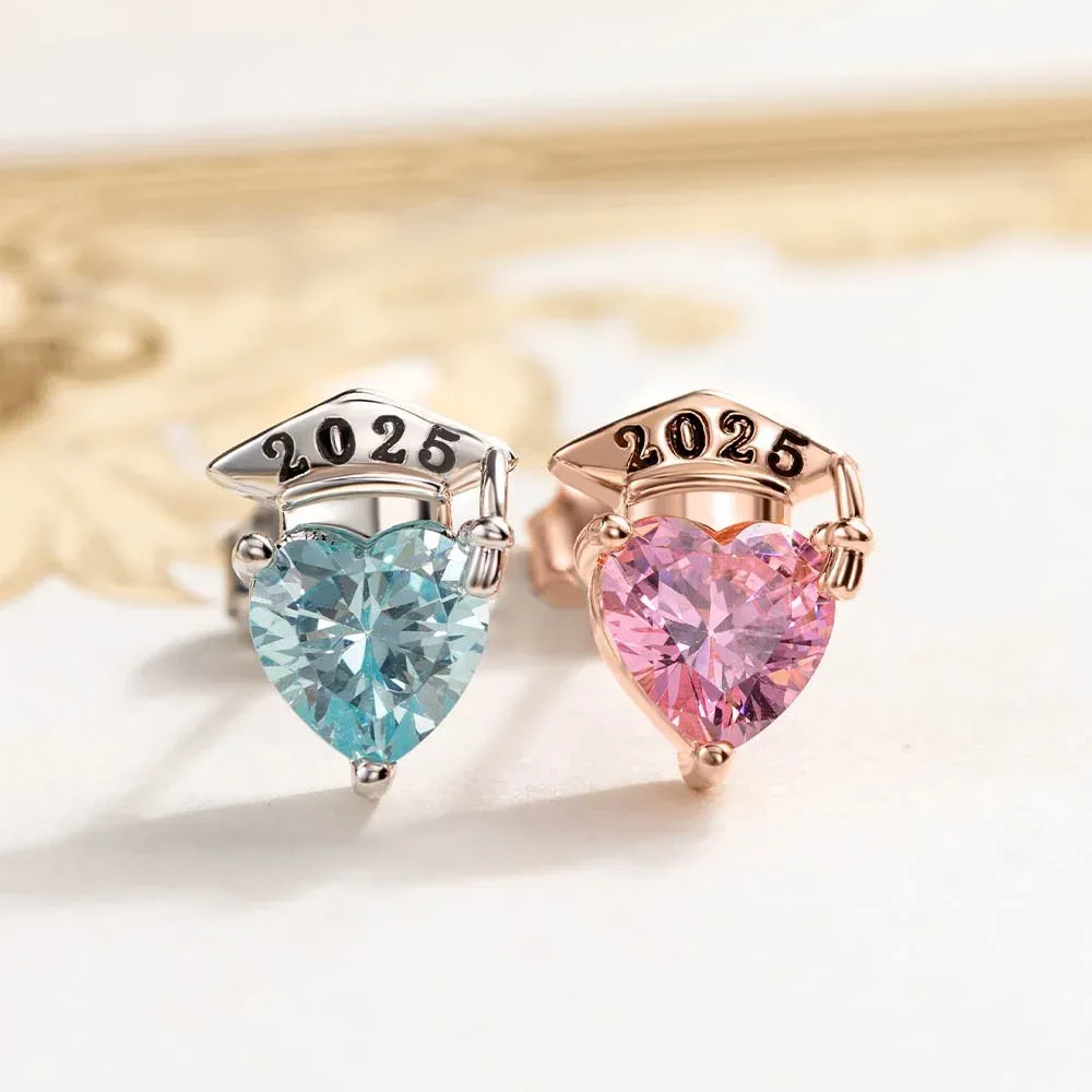 Custom Graduation Cap Stud Earrings with Birthstones Heart Post Earrings Class of 2025 Graduation Jewelry Graduation Gifts for Her/Family/Friends
