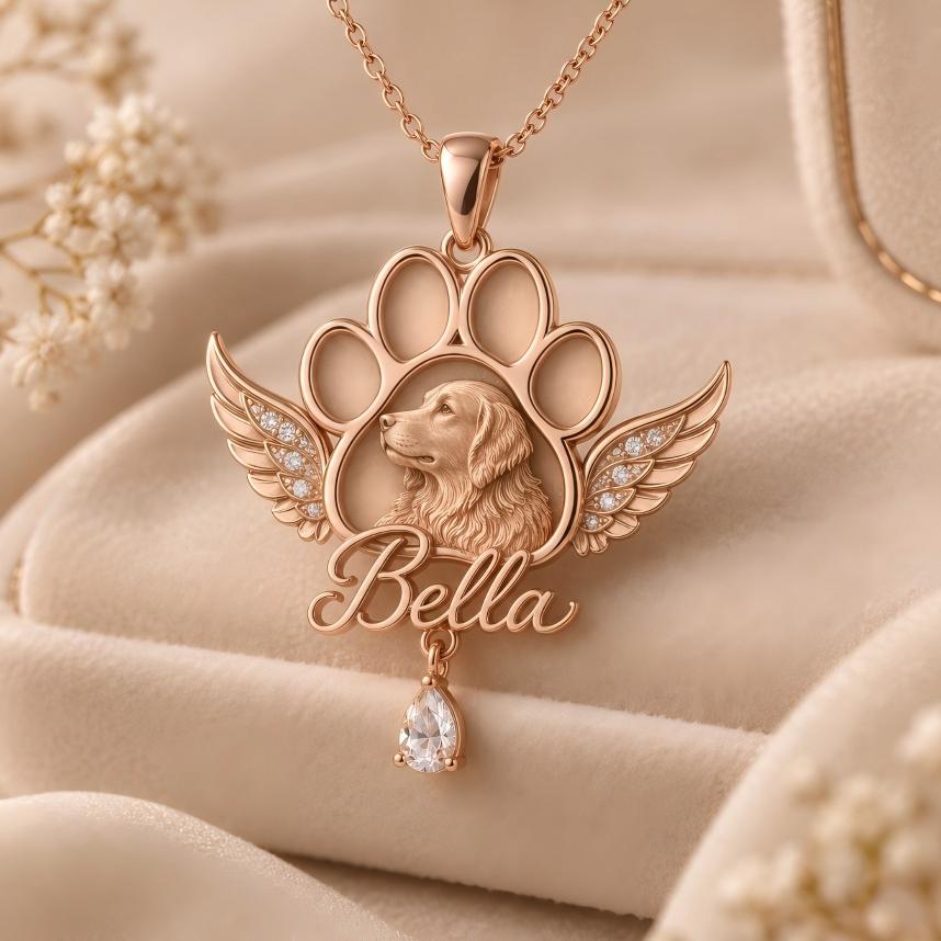 Personalized Paw-Shaped Name Necklace Custom 3D Pet Photo Necklace in Sculptural 925 Sterling Silver with Winged Paw and Teardrop Gemstone Sentimental Jewelry Gift for Pet Lovers
