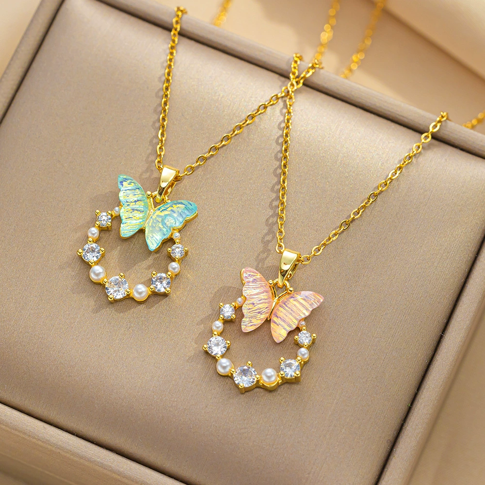 Iridescent Butterfly Pearl Wreath Necklace | Non-Tarnish Stainless Steel Aurora Crystal Pendant Jewelry