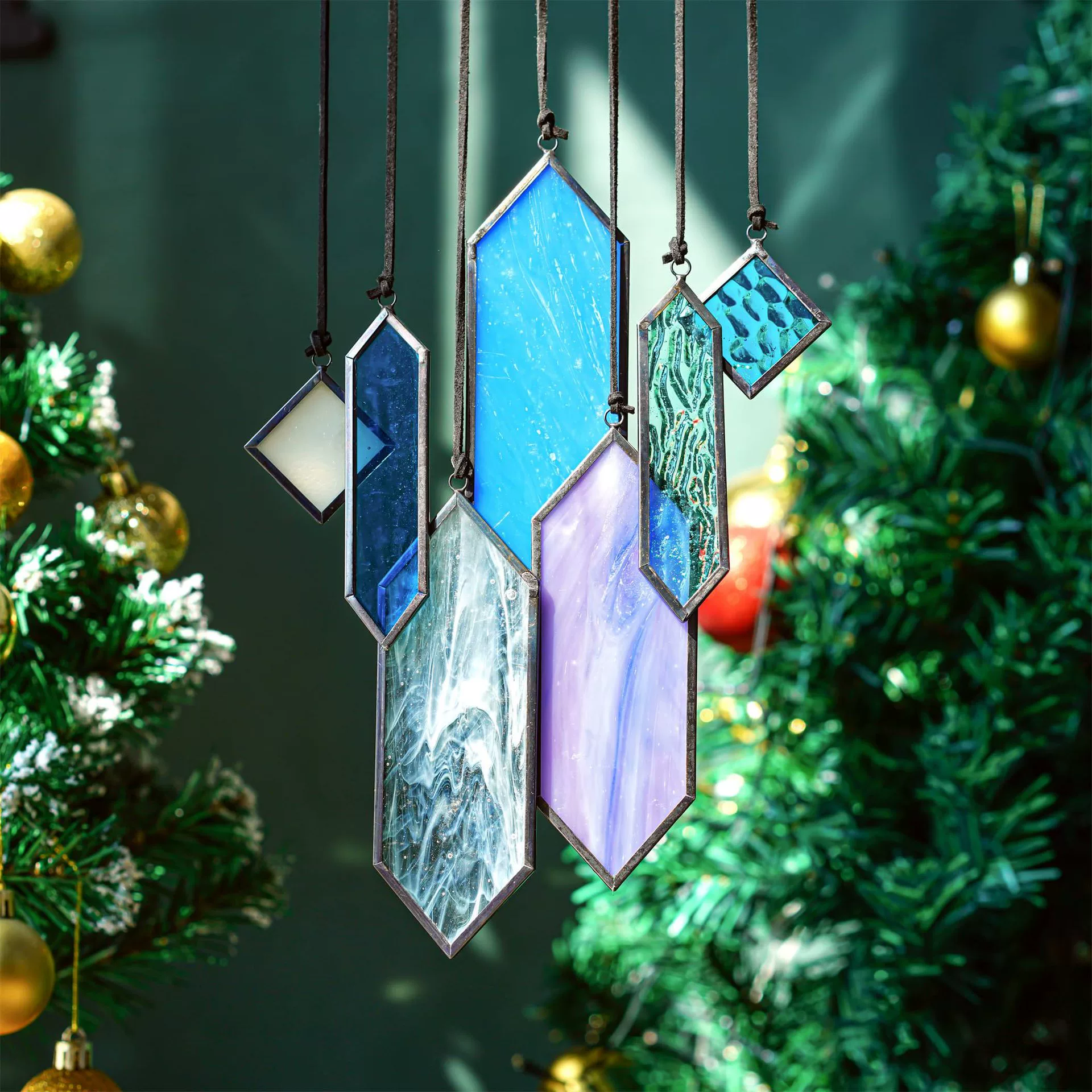 Stained Glass Suncatcher, Blue Teal Geometric Window Hanging, Glass Hanging Decor, Garden Patio Gift for Her