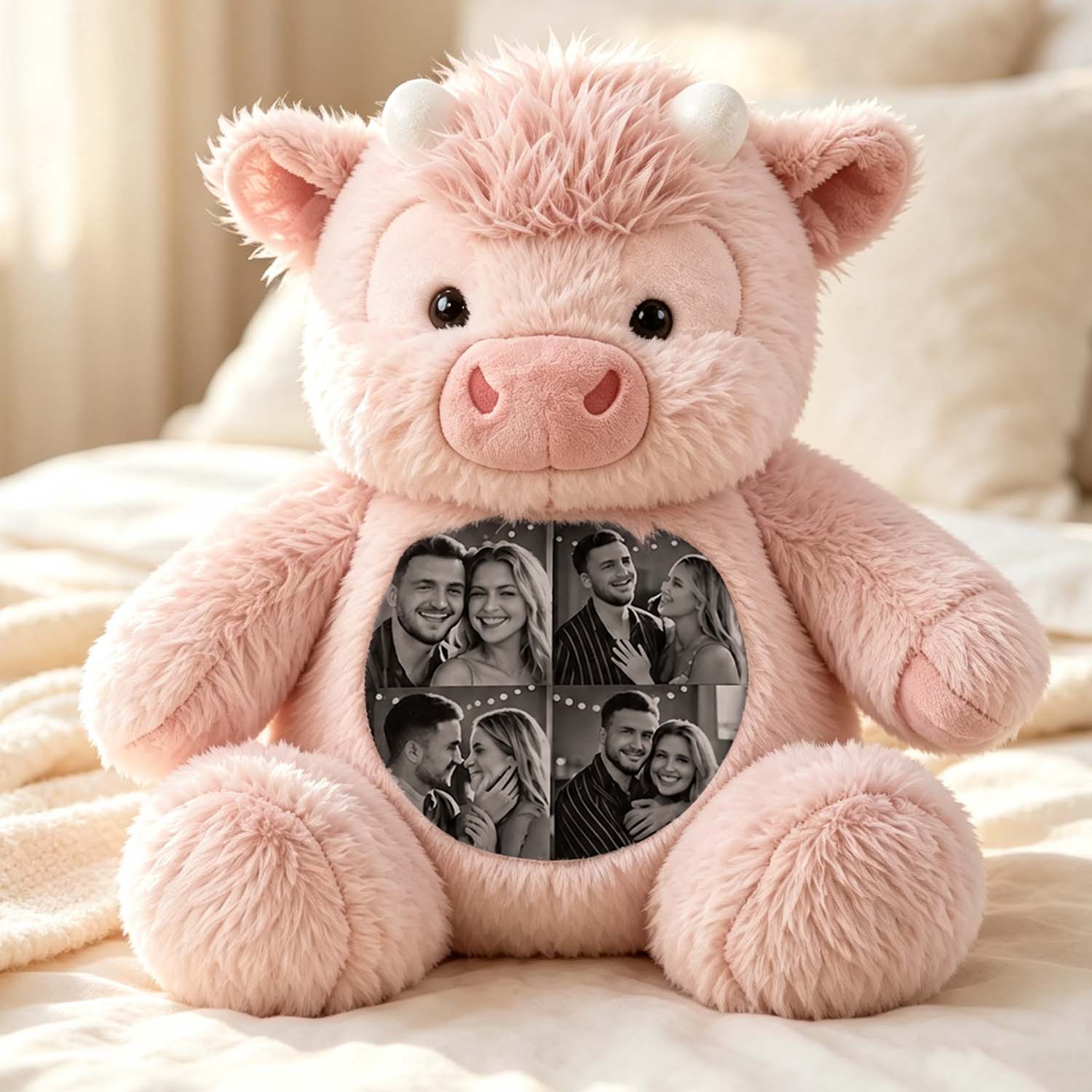 Custom Photo Highland Cow Plush Toy Personalized Picture Stuffed Highland Cattle Cute Family & Anniversary Keepsake Gift for Kids & Couples
