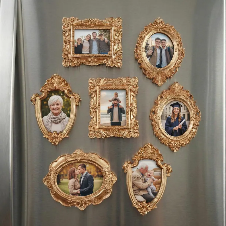 Custom Vintage Gold Family Photo Frame Magnet Personalized Family Picture Fridge Magnets,Custom Photo Refrigerator Magnet Vintage Style