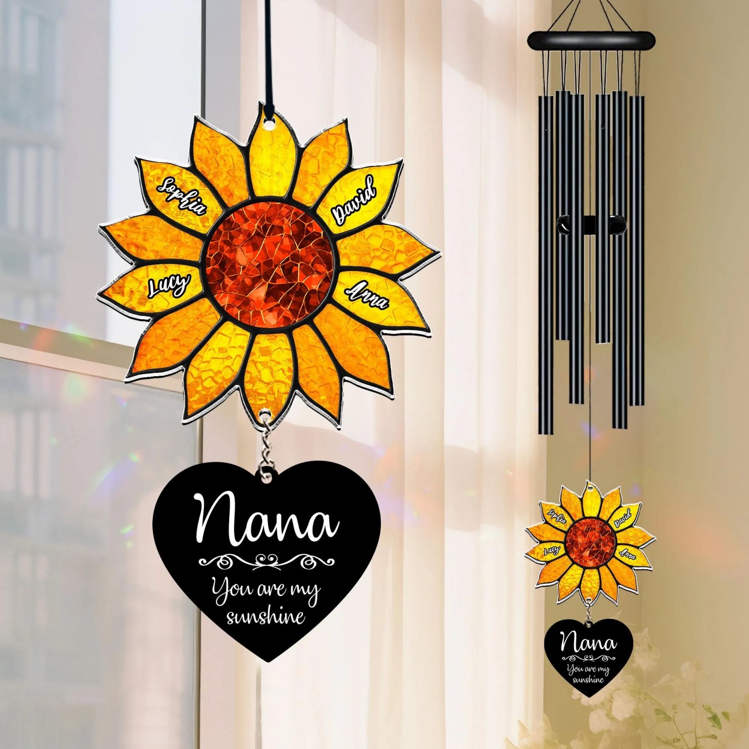 Custom Grandkids Names Personalized Nana Sunflower Wind Chime You are My Sunshine Gift for Grandma