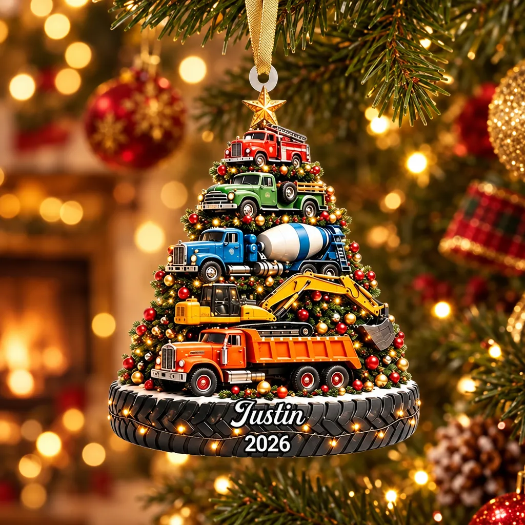 Personalized Excavator Christmas Ornament – Custom Construction Truck Tree Decoration for Kids