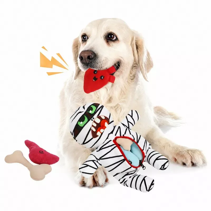 Plush Mummy Dog Puzzle Toy, Interactive Halloween Dog Toy with Squeaky Removable Parts, Funny Stuffed Pet Toy for Dogs, Spooky Halloween Gift