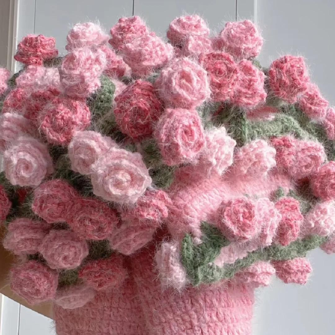 Knitted Gradient Bouquet Blanket DIY Material Kit Rose Bouquet Blanket With Yarn and Knitting Tools