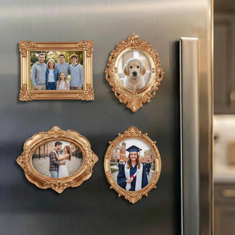 Custom Vintage Gold Family Photo Frame Magnet Personalized Family Picture Fridge Magnets,Custom Photo Refrigerator Magnet Vintage Style