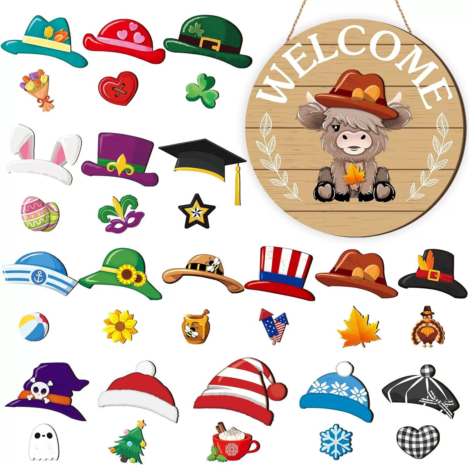 35pcs Highland Cow Sign Interchangeable Welcome Sign with Magnet Detachable Hats Accessories Cute Gnome Wooden Sign Hanging for Halloween Holiday Seasonal Decorations Birthday Party Home Wall Office Living Room Garden Farmhouse Porch
