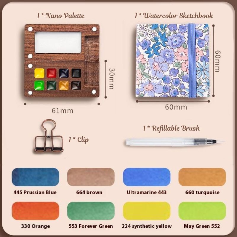 Mini Walnut Color Box Watercolor Package 8 Colors Portable Sketch Journal Book Travel Watercolor Painting Set