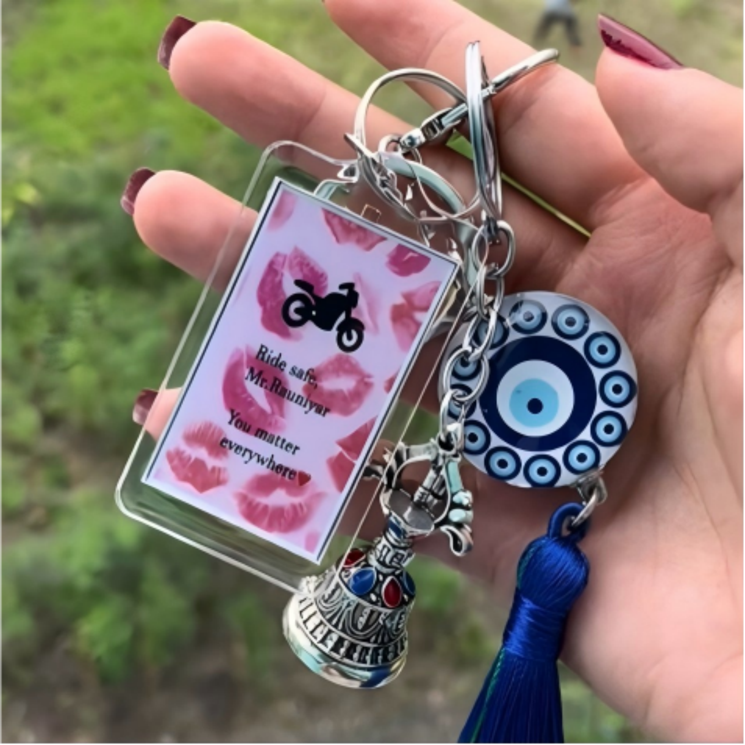 Custom Photo Keychain with Text Personalized Ride Safe Evil Eye Pendant Keychain Gift for friends Gift for Riding Enthusiasts