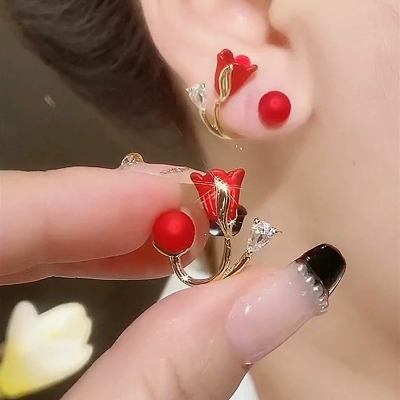 Red Tulip Ear Jacket Earrings Sweet Floral Front Back Stud Earrings Gold Plated Red Pearl &amp; Cubic Zirconia Flower Earrings Elegant French Style Jewelry for Women