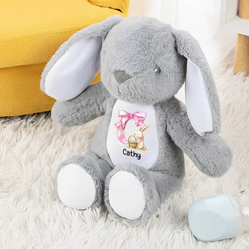 Personalized Pink Coquette Bow Initial Cute Easter Bunny Plush Stuffed Animal Toy with Name Easter Birthday Gift for Kids