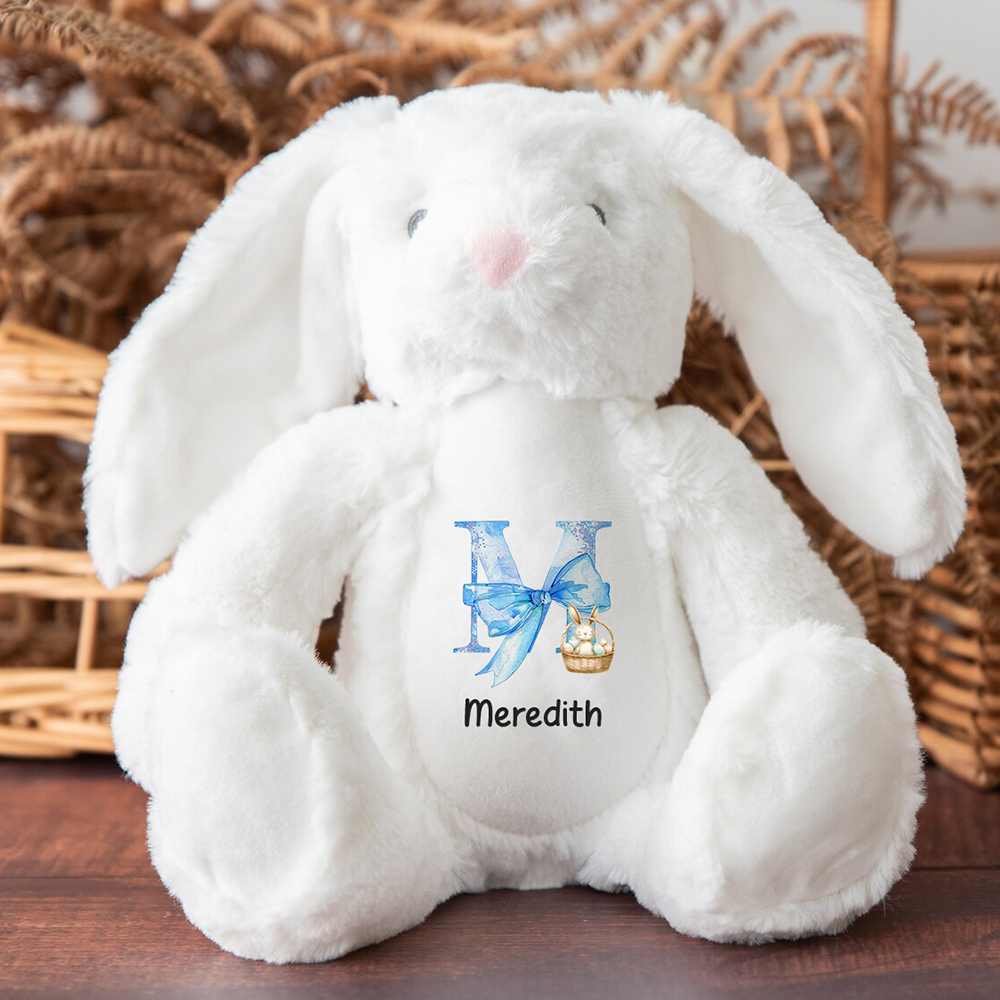Personalized Pink Coquette Bow Initial Cute Easter Bunny Plush Stuffed Animal Toy with Name Easter Birthday Gift for Kids