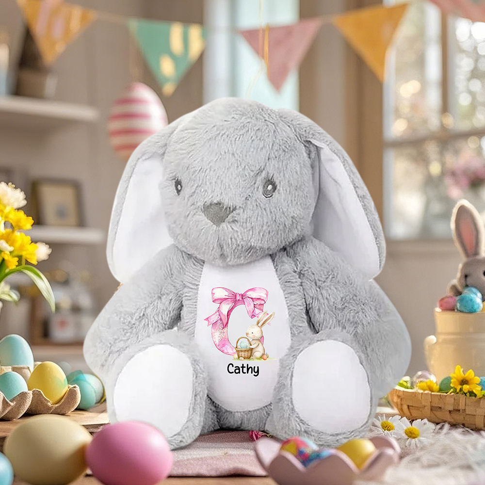 Personalized Pink Coquette Bow Initial Cute Easter Bunny Plush Stuffed Animal Toy with Name Easter Birthday Gift for Kids