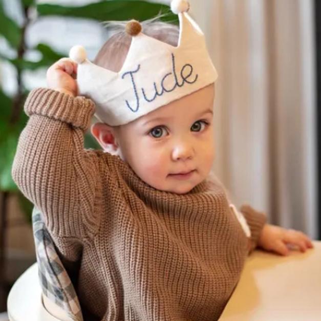 Hand Embroidered Linen Crown for Kids and Children's Birthdays, Personalized Gifts | Keepsake for First Birthday Party | Neutral Birthday