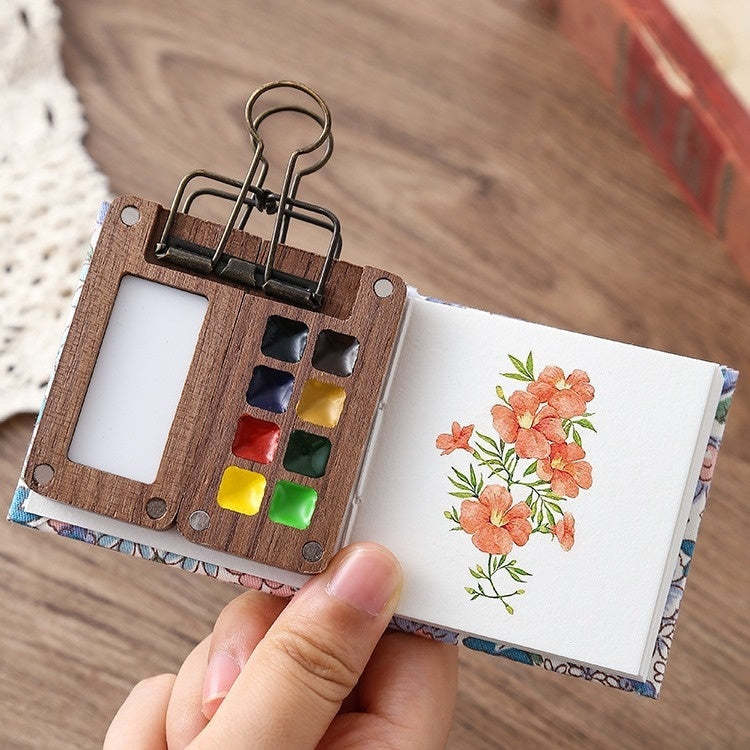 Mini Walnut Color Box Watercolor Package 8 Colors Portable Sketch Journal Book Travel Watercolor Painting Set