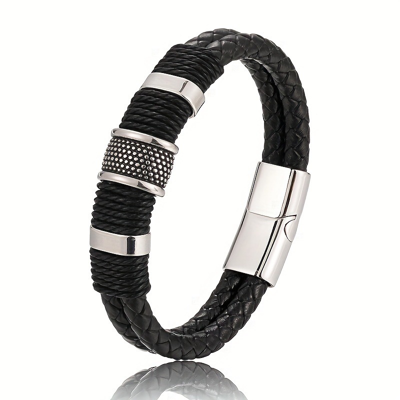 Men's Braided Leather Style Bracelet Handmade Layered Cord Wristband with Textured Metal Clasp Modern Minimalist Casual Jewelry Gift for Men