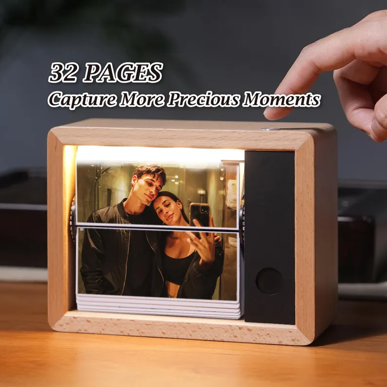 Custom Electric Flip 32 Photo Frame Solid Beech Wood Frame with Light for Family, Couples, Pets & More