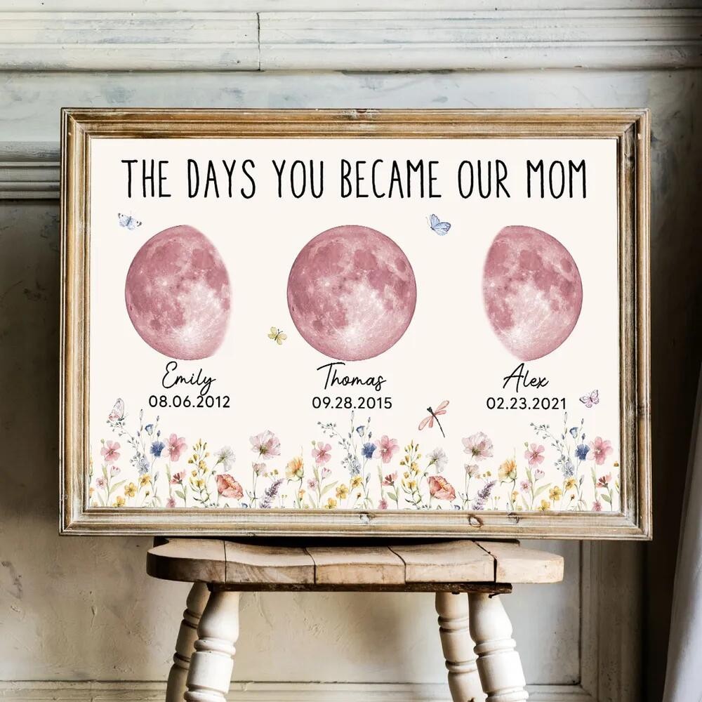 Personalized Pink Moon Phase Custom Birth Moon Beautiful Hill At Night With Kids Names Ideal Gifts for Mother's Day Gifts
