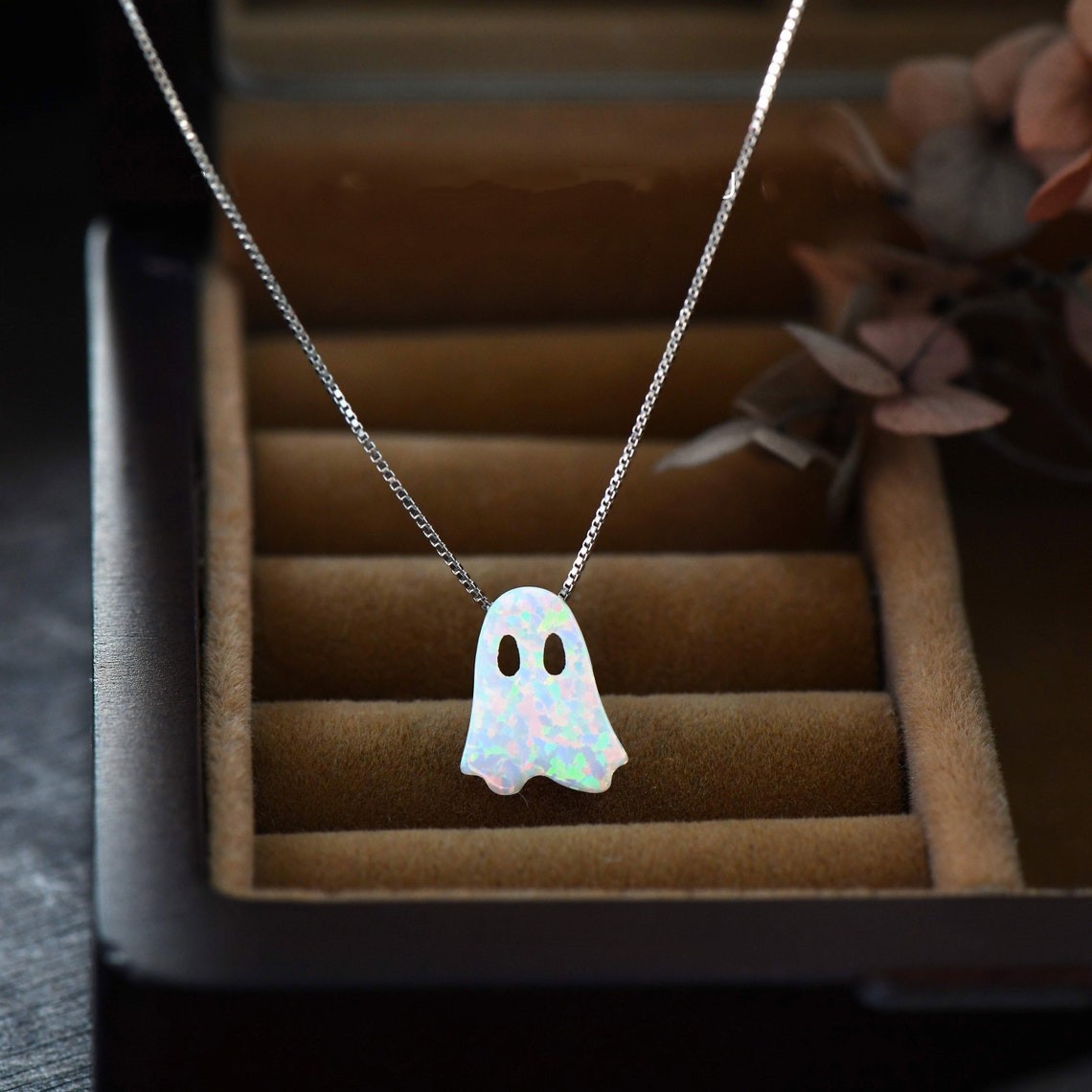 Black and White Ghost Opal Necklace Personalized Gift for Halloween