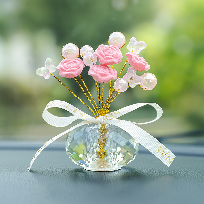 Crystal Rose Flower Ornament Car Decoration Mini Potted Plant Gift for Her