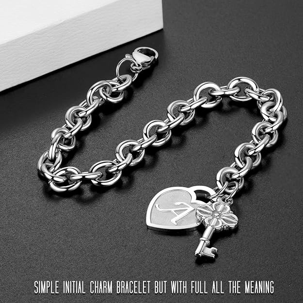 Personalized Initial Heart Charm Bracelet – Stainless Steel Letter Bracelet with Clover & Key Charms for Girls, Women Jewelry