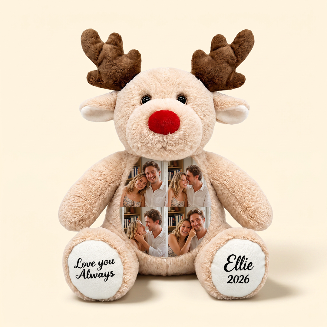 Custom Photo Christmas Reindeer Plush, Personalized Stuffed Animal with Name & Date, Custom Picture Collage Reindeer Toy, Couple Gift for Christmas