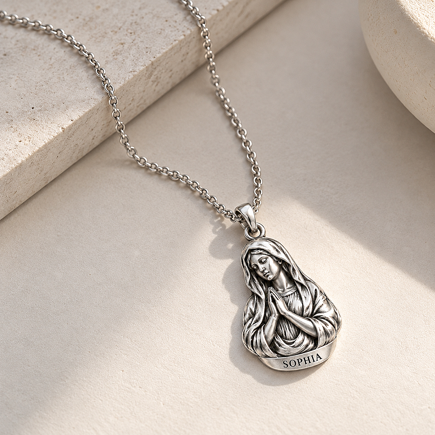Custom Engraved Praying Virgin Mary Necklace in Solid 925 Silver - Personalized Prayer Pendant, Heavy Silver, Built to Age With You