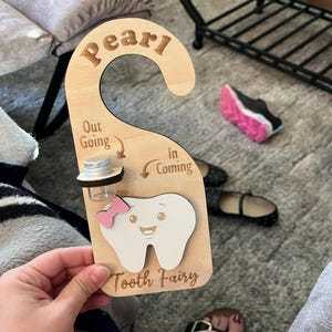 Personalized Tooth Fairy Door Hanger Custom Name Tooth Holder with Jar and Money Slot Kids Tooth Fairy Gift for Boys and Girls