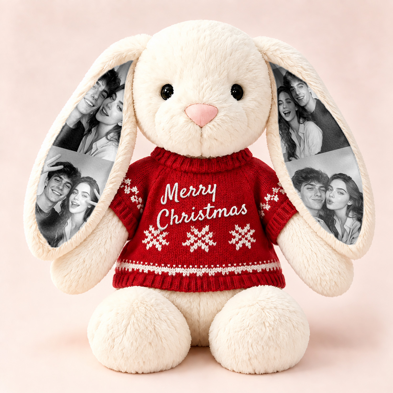 Personalized Photo Bunny Stuffed Animal with Embroidered Name Red Christmas Sweater - Custom Photo Long Ear Rabbit Plush Doll Christmas Gifts