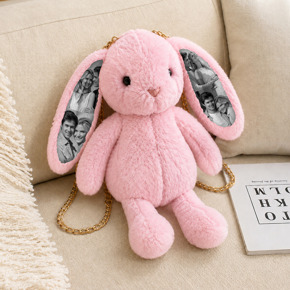 Custom Photo Bunny Convertible Bag - Versatile Plush Rabbit Backpack & Crossbody purse with Personalized Ear Prints, Unique Gift for Her, Kids & Pet Lovers