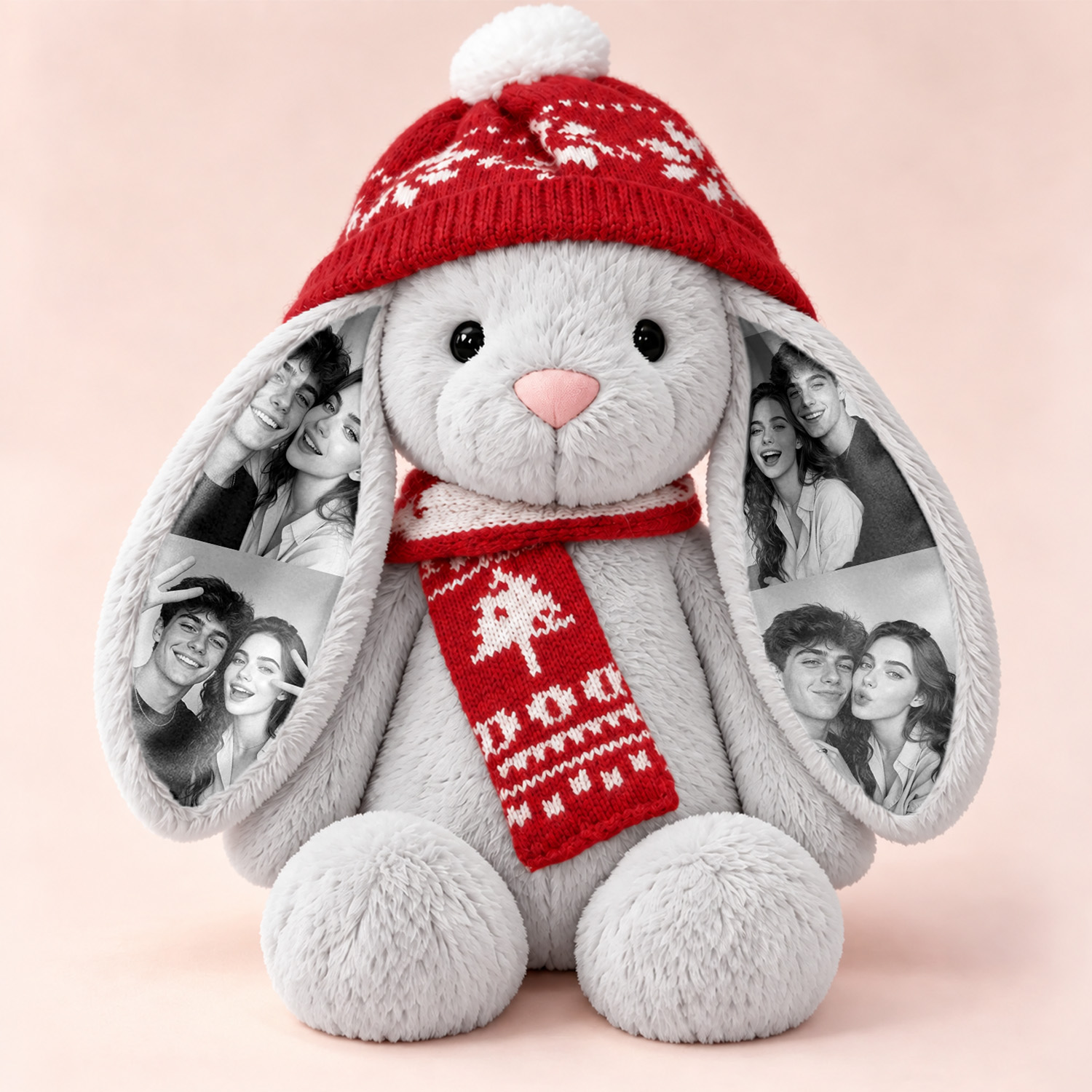 Personalized Photo Bunny Stuffed Animal with Christmas Snowflake Beanie Hat & Tree Scarf - Custom Photo Long Ear Grey Rabbit Plush Doll, Christmas Gift