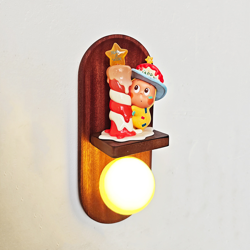 No-Drill Vintage Wood Wall Shelf with 3D Wall Lamp(Decorations not included)