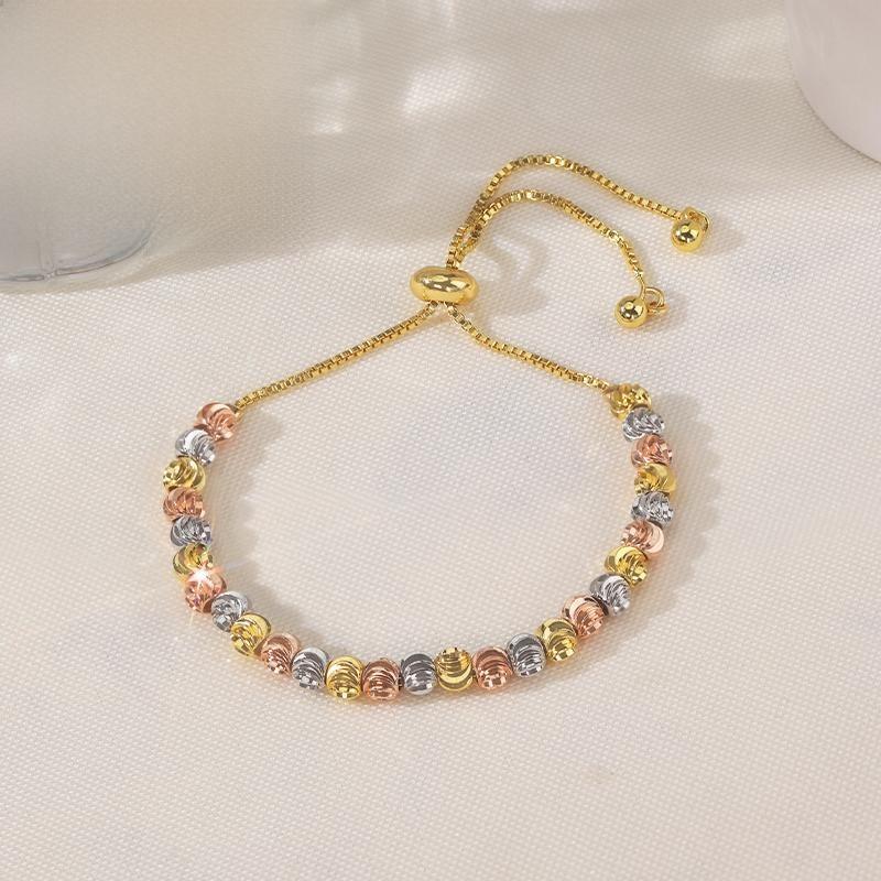 Beaded Bracelet Stackable Layering Gold Wrist Chain Adjustable Slider Tri-Color Textured Melon Jewelry Gift for Women