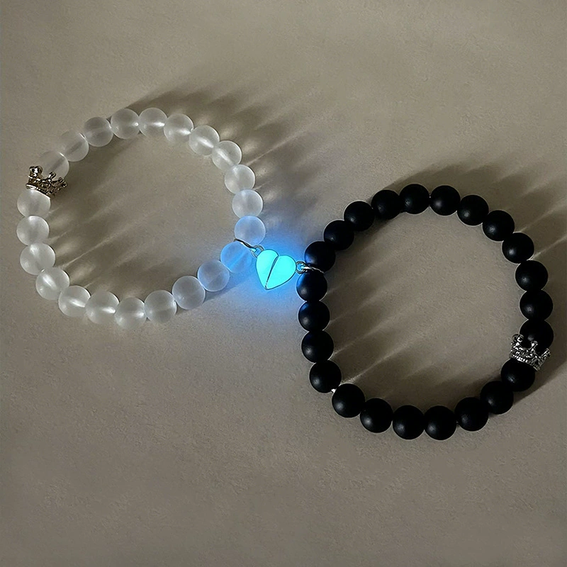 Luminous Magnetic Couple Bracelets Set - Frosted Glass Bead Jewelry with Glowing Heart Charm - Romantic Gift for Him and Her
