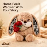Personalized Grumpy Bunny Plush Toy with Custom Photo Ears, Cute Stuffed Rabbit Holding Roses, Gift for Her, Him, Couples & Loved Ones