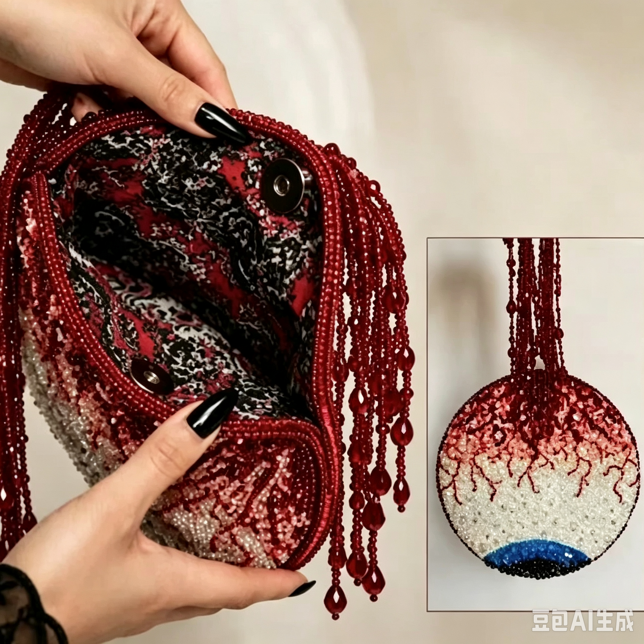 Handmade Beaded Eyeball Round Handbag Gothic Evil Eye Beaded Clutch Bag Unique Beaded Fringe Handle Evening Purse Halloween Party Statement Bag for Women