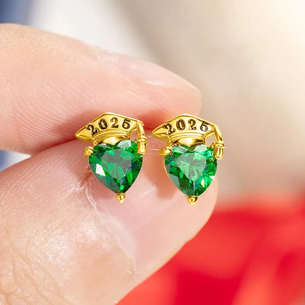 Custom Graduation Cap Stud Earrings with Birthstones Heart Post Earrings Class of 2025 Graduation Jewelry Graduation Gifts for Her/Family/Friends