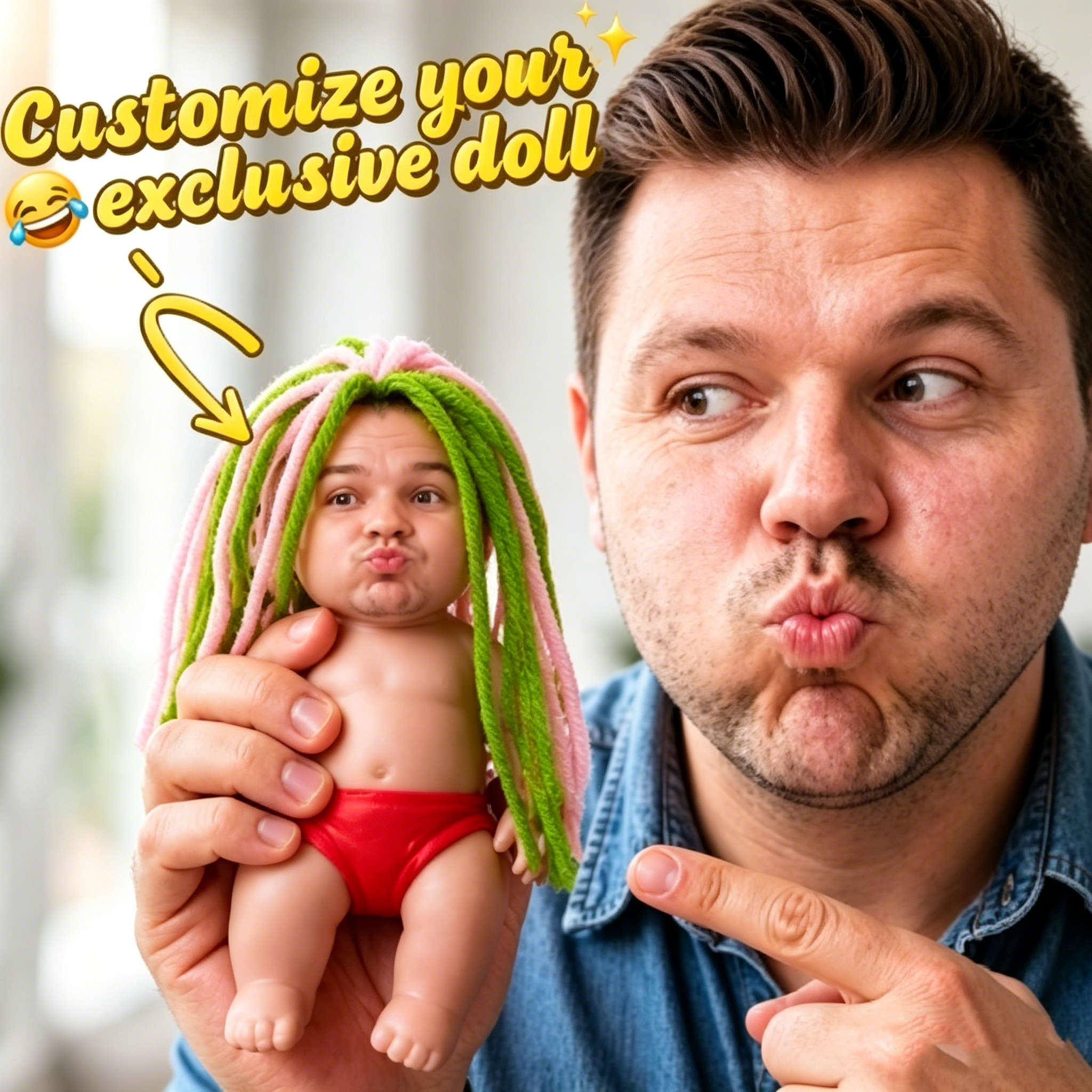 Custom Squishy Stress Relief Doll with DIY Yarn Hair Personalized Face Squeeze Toy, Soft TPR Sand Filled Fidget, Funny Anxiety Relief Gift