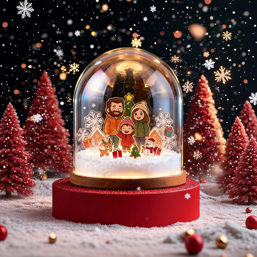 Custom Cartoon Photo Stand with Illuminated Glass Cover Personalized Christmas Scene Glass Decorations Unique Christmas Gifts