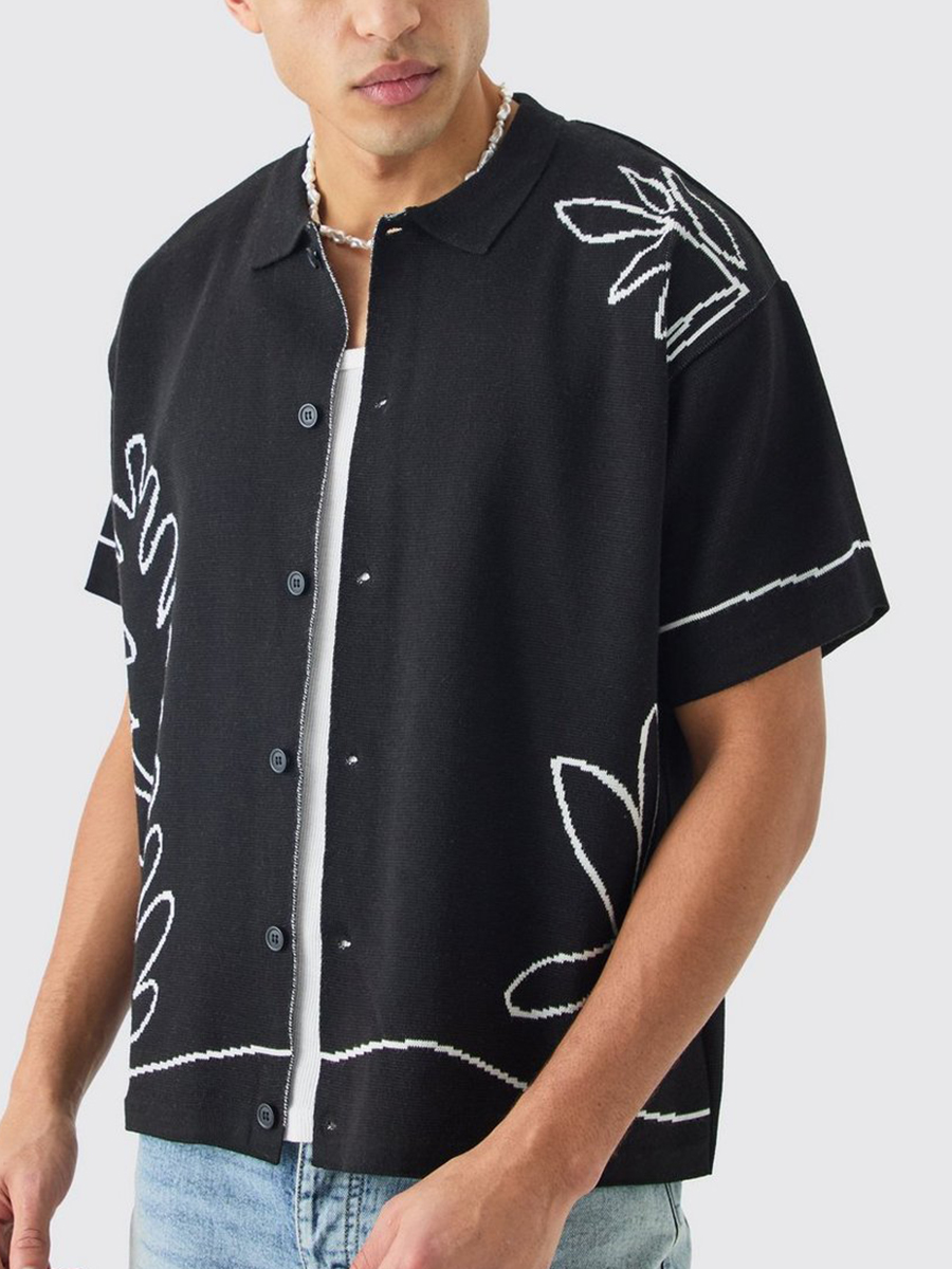 Boxy Jacquard Knit Abstract Detail Shirt in Black?