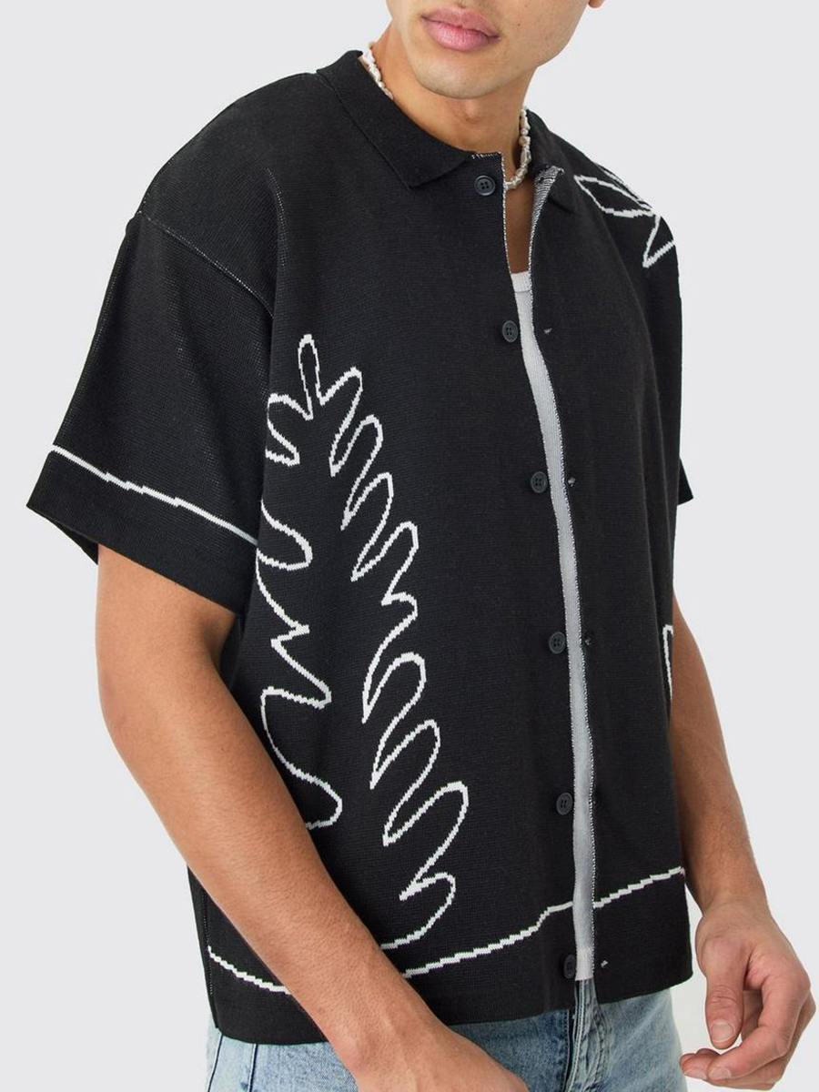 Boxy Jacquard Knit Abstract Detail Shirt in Black?