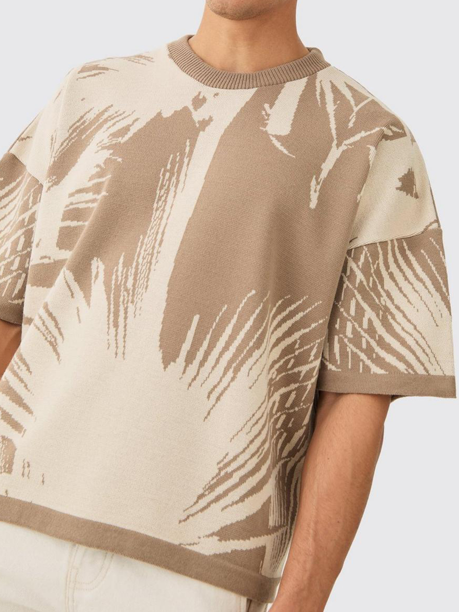 Oversized Tonal Abstract Drawing Knitted T-Shirt